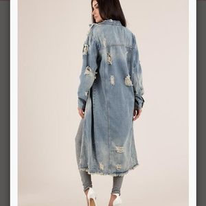 New Heavy Long Maxi Distressed Denim Jacket